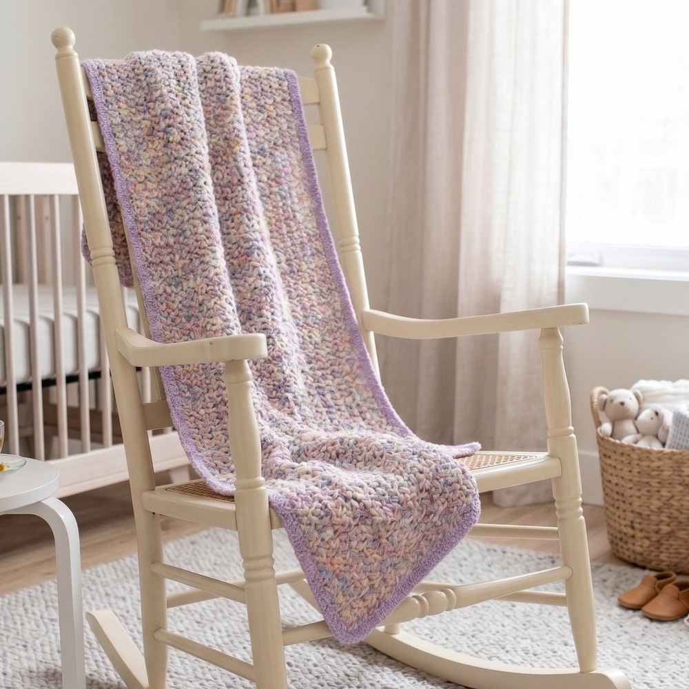 Handmade Crochet Baby Blanket Pastel Variegated Shell Stitch Lavender Border